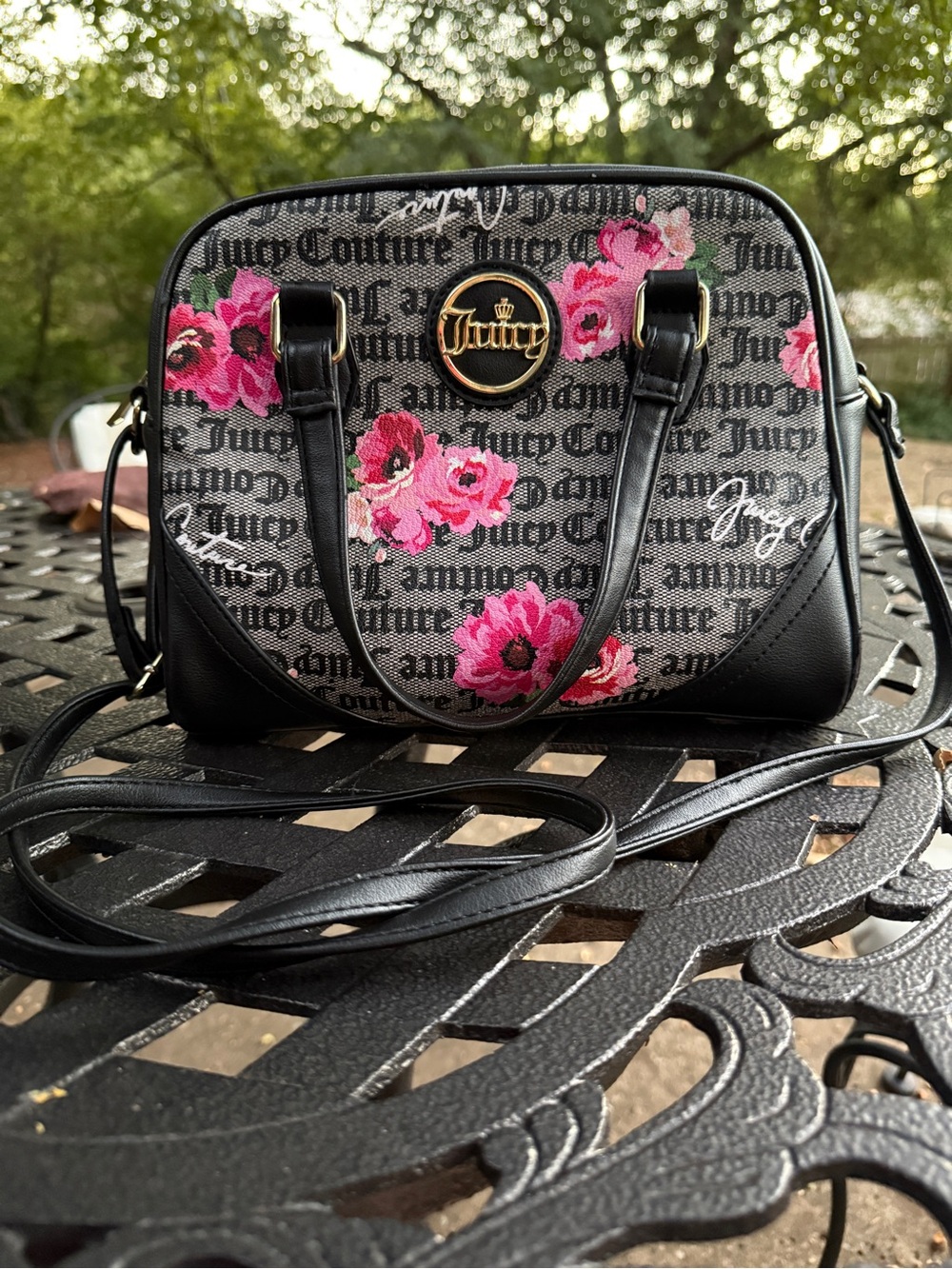 Juicy Couture If The Crown Fits Satchel Crossbody Bag Floral Black